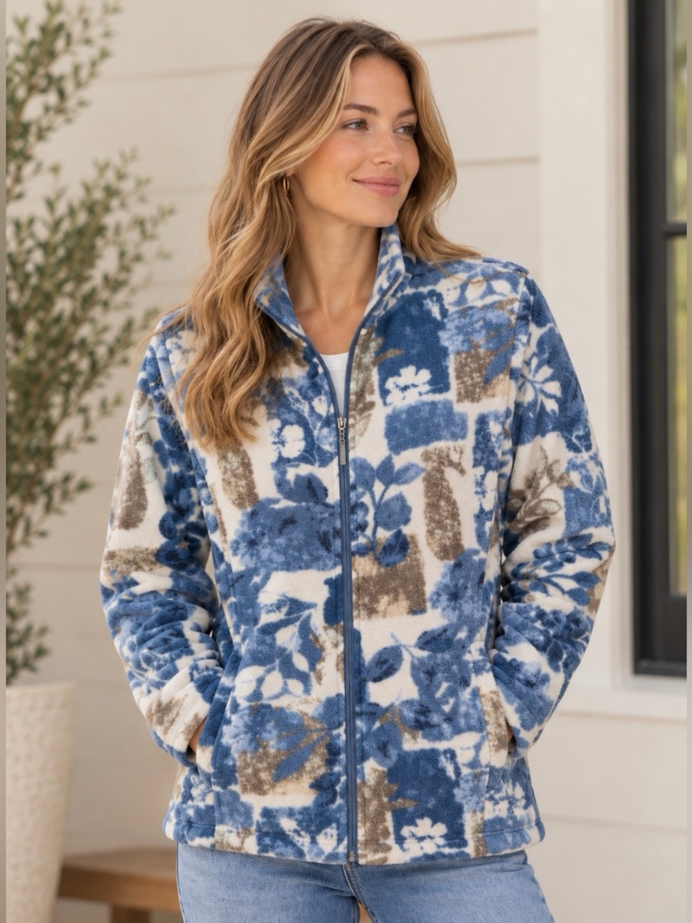 Vintage Alia Blue Floral Fleece Zip Jacket